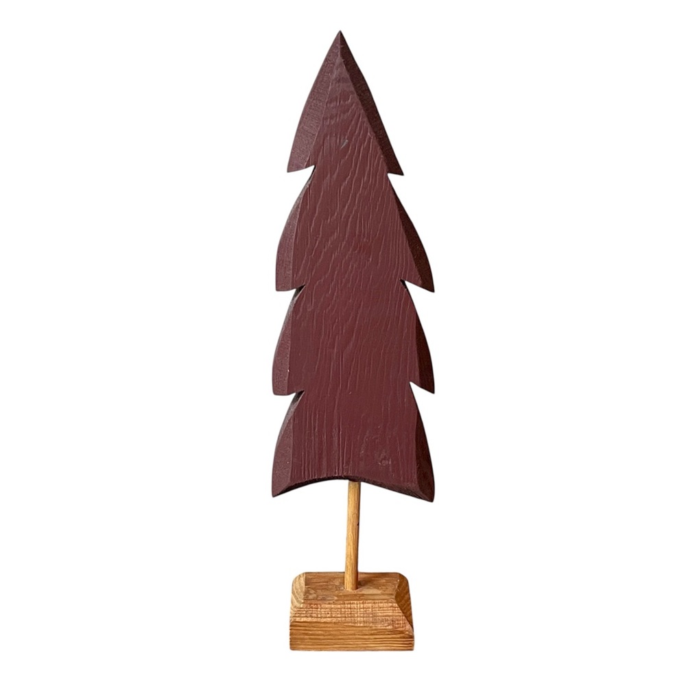 Dark Red Wooden Tabletop Evergreen Pine Tree Handmade Carved Wood Decor